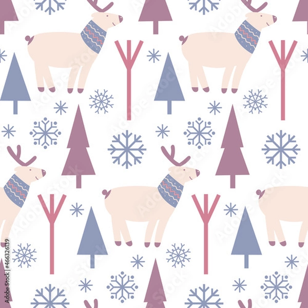 Obraz Winter vector seamless pattern. Deer in the winter forest on a light background. Suitable for cards, Christmas cards, invitations, greetings, paper and others.  