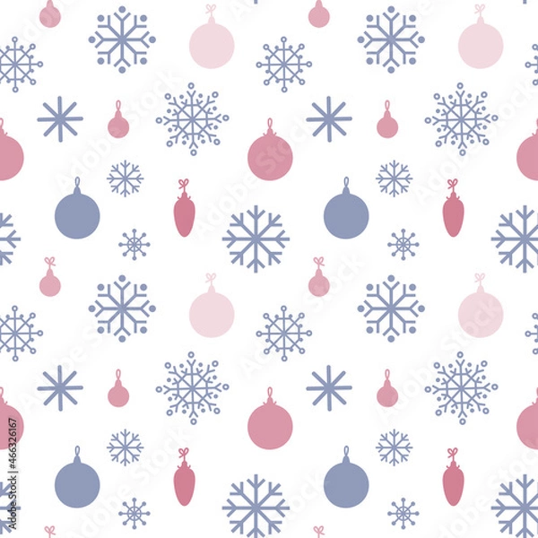 Obraz Christmas seamless pattern. Christmas balls and snowflakes on a light background. Suitable for cards, Christmas cards, invitations, greetings, paper and others.  