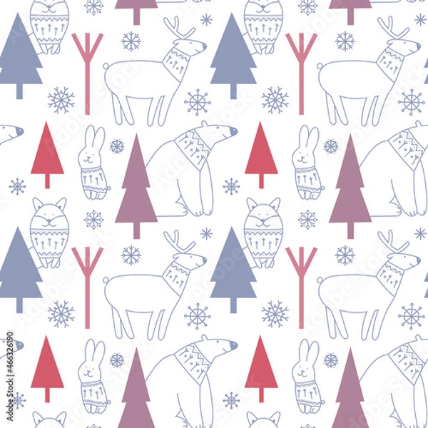 Obraz Winter vector seamless pattern. Wild animals in the winter forest on a light background. Suitable for cards, Christmas cards, invitations, greetings, paper and others.
