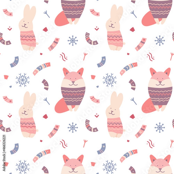 Obraz Christmas seamless pattern. Wild animals and elements of folk ornament on a light background. Suitable for cards, Christmas cards, invitations, greetings, paper and others.
