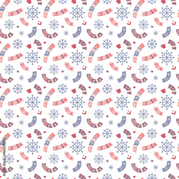 Obraz Winter vector seamless pattern. Snowflakes and elements of folk ornament on a light background. Suitable for cards, Christmas cards, invitations, greetings, paper and others.