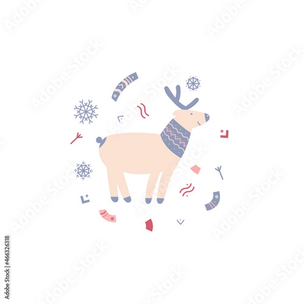 Obraz Christmas vector illustration. A deer in a scarf on a background of snowflakes and elements of folk ornament. Suitable for cards,  invitations, greetings and others