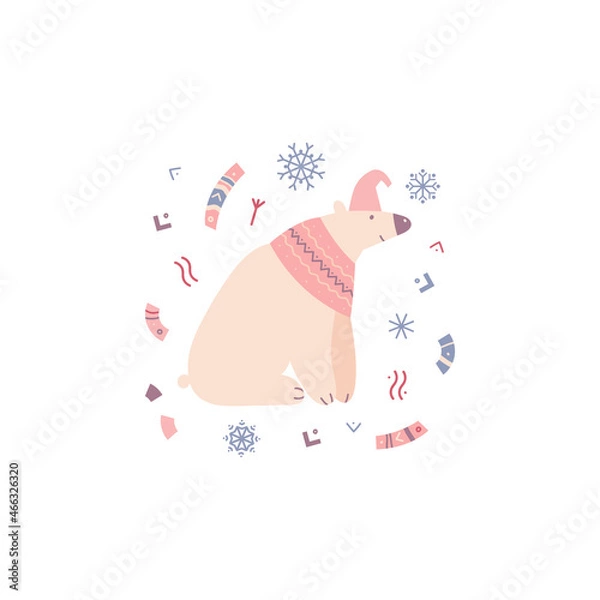 Obraz Christmas vector illustration. A bear in a scarf on a background of snowflakes and elements of folk ornament. Suitable for cards,  invitations, greetings and others