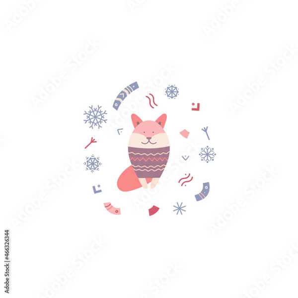 Obraz Christmas vector illustration. A fox in a sweater on a background of snowflakes and elements of folk ornament. Suitable for cards,  invitations, greetings and others