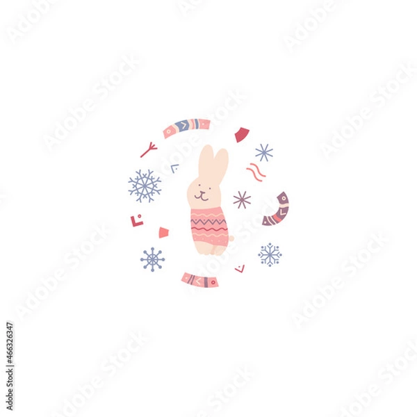 Obraz Christmas vector illustration. A rabbit in a sweater on a background of snowflakes and elements of folk ornament. Suitable for cards,  invitations, greetings and others
