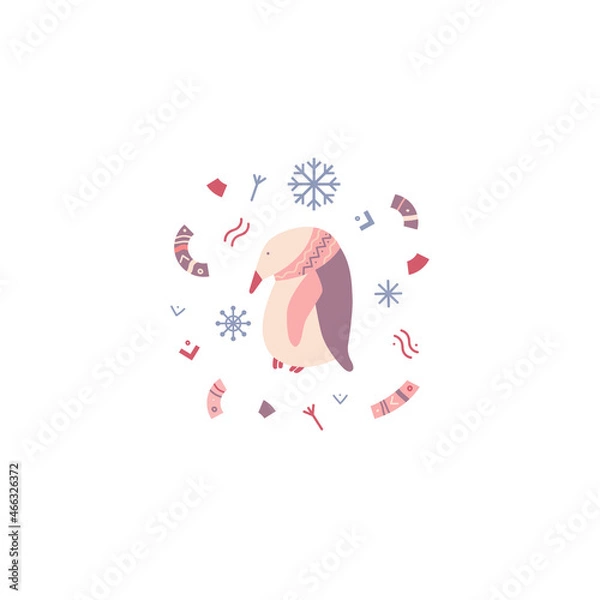 Obraz Christmas vector illustration. A penguin in a scarf on a background of snowflakes and elements of folk ornament. Suitable for cards,  invitations, greetings and others