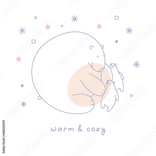 Obraz Winter vector illustration. A bear with bear cubs on a background of snowflakes. Blue and Pink. Suitable for cards, Christmas cards, invitations, greetings and others