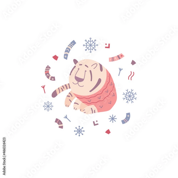 Obraz Christmas vector illustration. A tiger in a sweater on a background of snowflakes and elements of folk ornament. Suitable for cards,  invitations, greetings and others