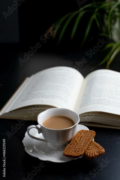 Fototapeta Reading a book with a  cup of coffee and two little biscuits