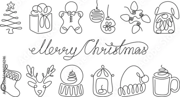 Fototapeta Continuous one line art holidays elements set. Linear style and hand-drawn logo. Merry Christmas and Happy New Year concept.