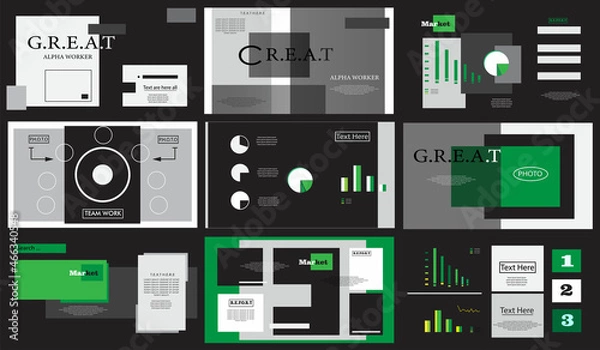 Fototapeta Power point template set. Info graphic, UI, UX, element set. Web design, website, apps, templates. Green template. Black template. Brochure, poster, book, layer, banner. 