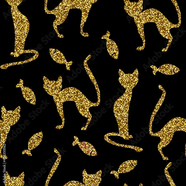 Obraz Vector seamless pattern. Gold cats and small fishes isolated on black background.