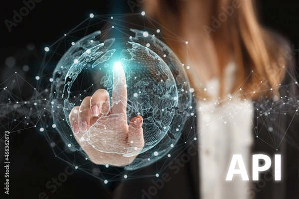 Fototapeta Business, Technology, Internet and network concept. Young businessman working on a virtual screen of the future and sees the inscription: API