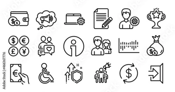 Fototapeta Teamwork, Exit and Column diagram line icons set. Secure shield and Money currency exchange. Brand ambassador, Info and Disabled icons. Support, Usd exchange and Megaphone signs. Vector