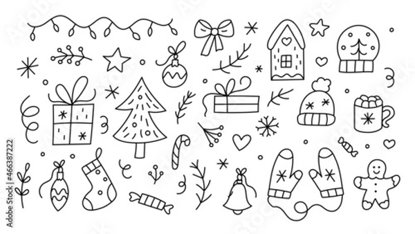 Obraz Christmas doodle set. Hand drawn cute icons. Ideal for coloring books, stamps, invitations and others. Vector illustration.