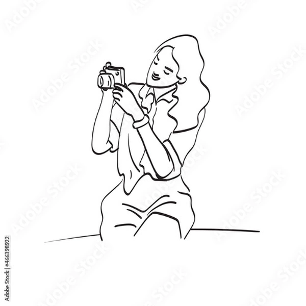 Fototapeta young woman with compact camera illustration vector isolated on white background line art.