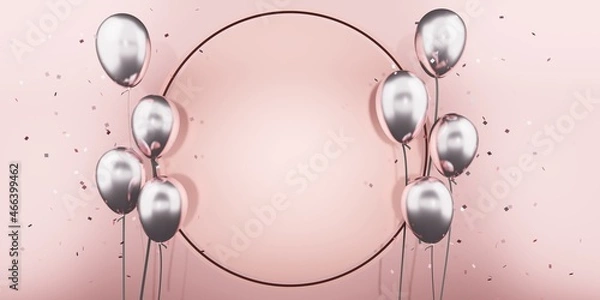 Fototapeta happy new year and christmas light pink text frame and balloons background 3d illustration