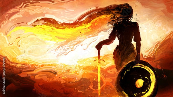 Fototapeta A feminine silhouette of a knight girl with a shield on which a crescent moon and a golden glowing sword, she has long magical hair, against the background of a bright sunset. 2d oil illustration