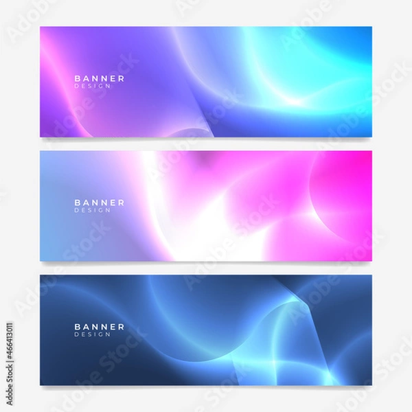 Fototapeta Colorful web banner with wave and geometric shapes. Collection of horizontal promotion banners with gradient colors and abstract geometric backdrop. Header design. Vibrant vivid color coupon template.