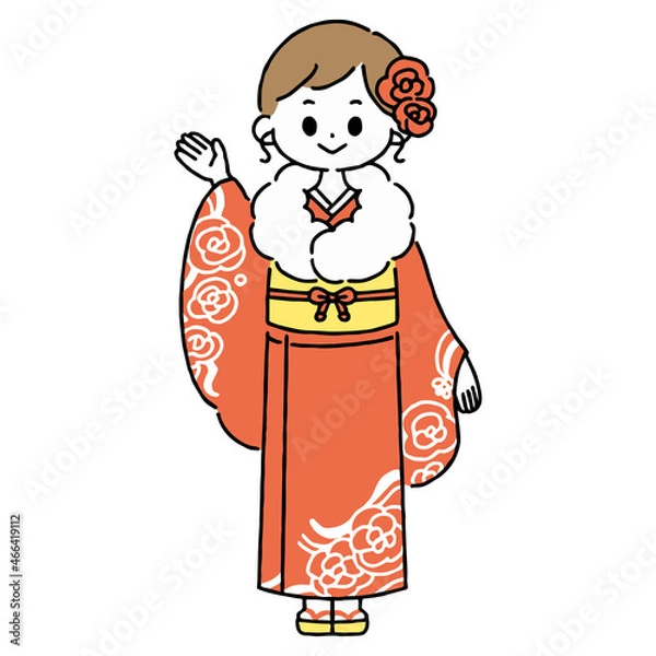 Fototapeta 赤い振袖（着物）を着て手を指し示す女性のベクターイラスト　お正月　成人式