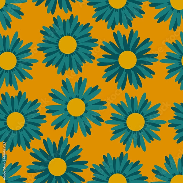 Fototapeta レトロな緑花　シームレスパターン　オレンジ