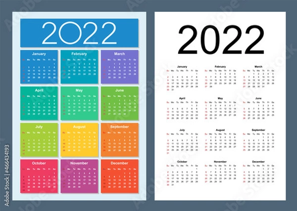 Fototapeta Colorful calendar for 2022 year. Week starts on Sunday. Vertical. Isolated vector illustration.
