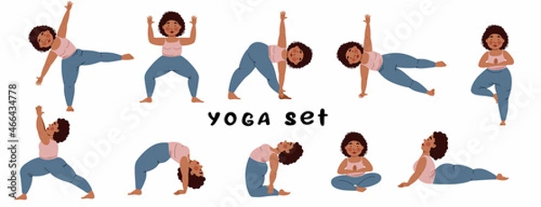 Fototapeta A set of a Girl doing yoga yoga. A plump girl in various poses on a white background. Vector illustration in a flat style