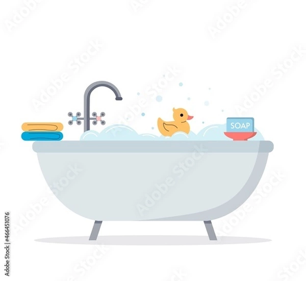 Obraz Foam bath on an isolated background. Bathtub with foam bubbles and rubber duck. Bath time. Bath towel and bath soap in flat style. Cute vector illustration.