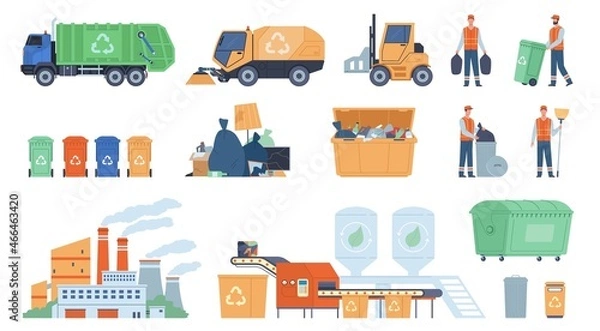 Fototapeta Garbage collecting service. Waste disposal, street dustbins, city dump, trash recycling and transportation, sorting conveyor, refuse and reuse industry, vector cartoon flat isolated set