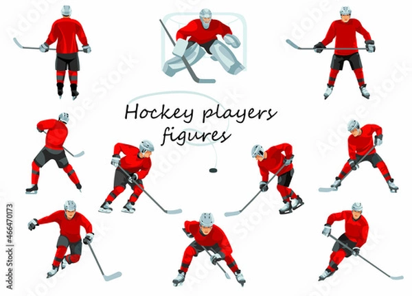 Obraz Hockey team players and goalie in various poses skating, hitting the puck, scoring a goal