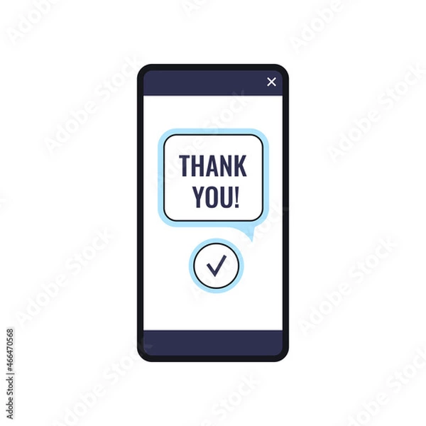 Obraz Thank you on phone screen. Thank you text message on mobile phone display - digital device. Payment, order or purchase shopping communication service concept. Flat design vector illustration.