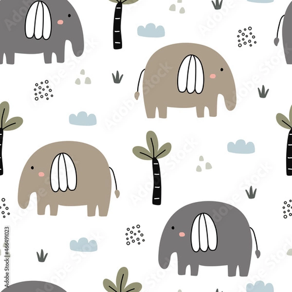 Obraz seamless baby elephant pattern cute cartoon animal background hand drawn childrens style used for fabric textile print wallpaper nursery decoration vector illustration