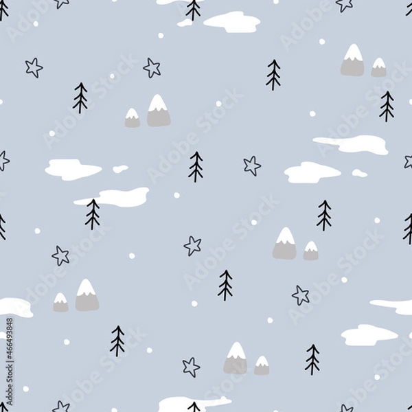 Obraz winter background seamless pattern with snow and pine trees hand drawn on a gray background