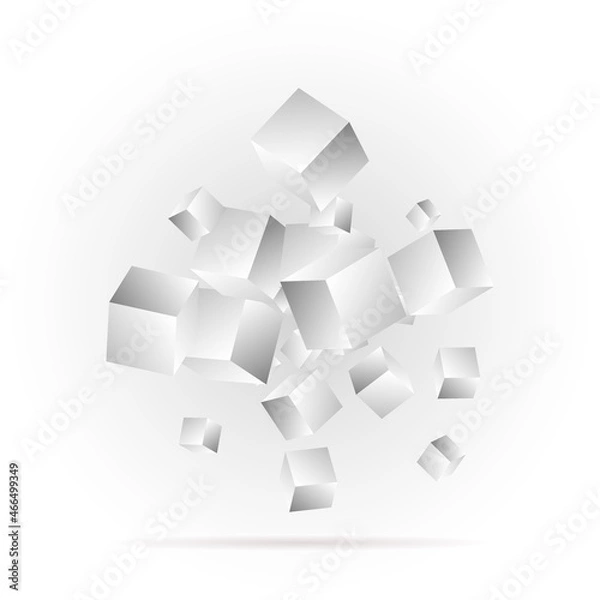 Fototapeta Many flying cubes on a white background. 3d render illustration. Template for Presentation, advertising banner. Geometric design element. eps 10