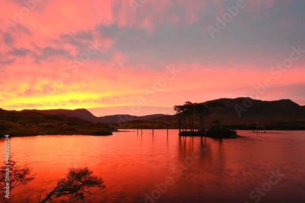 Fototapeta Stunning sunrise over Loch Assynt in Sutherland, Scottish Highlands. On NC500 route. Silhouettes of trees on island on loch, hills in background. Red, orange, yellow and blue sky reflected in water.