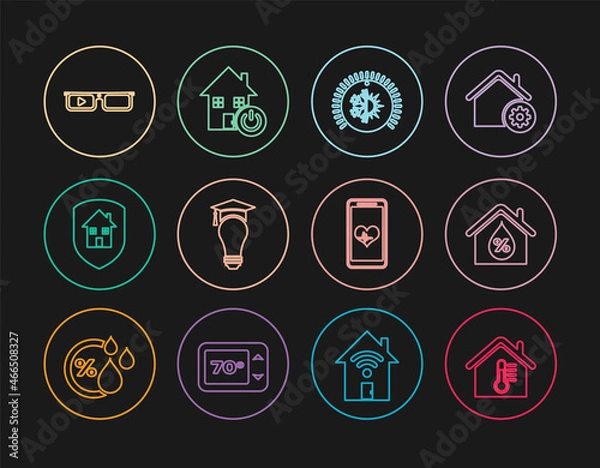 Obraz Set line House temperature, humidity, Thermostat, Light bulb and graduation cap, under protection, Smart glasses, Mobile with heart rate and home icon. Vector