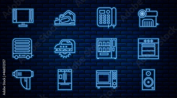 Fototapeta Set line Stereo speaker, Oven, Telephone, Electric circular saw, heater, Smart Tv, Vending machine and planer tool icon. Vector