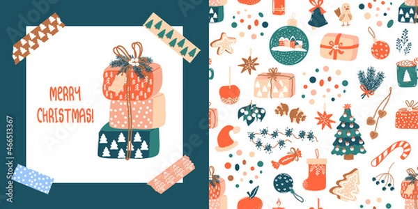 Obraz Set of Christmas pattern and Card with gift boxes. Vector background with spruce, garland, gingerbread,  candy and dots. Ideal for design of fabric, poster, wrapping paper for Happy New year