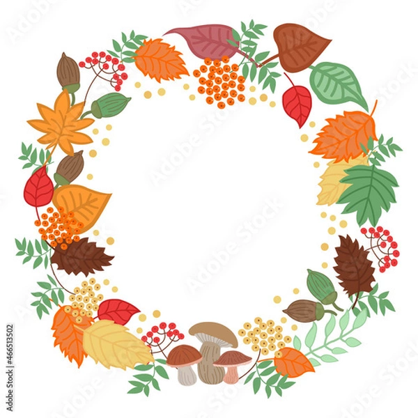 Fototapeta Round frame wreath from autumn leaves template for text. Vector illustration postcard from forest mushrooms and leaves and berries.