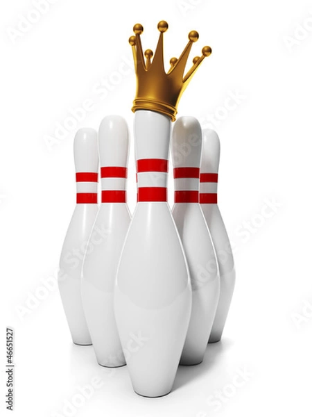Obraz King of Bowling. Group of bowling pins and a golden crown on the