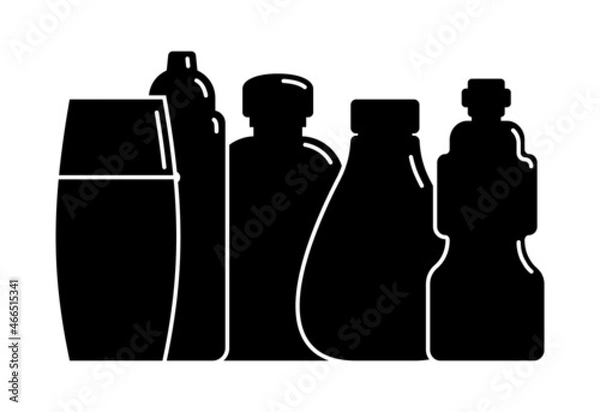 Fototapeta Five plastic cosmetic jar product. Oil, mask, cream. Cosmetic container. Illustration design in the form of black silhouette with thin white lines. Isolated icon in flat style on white background