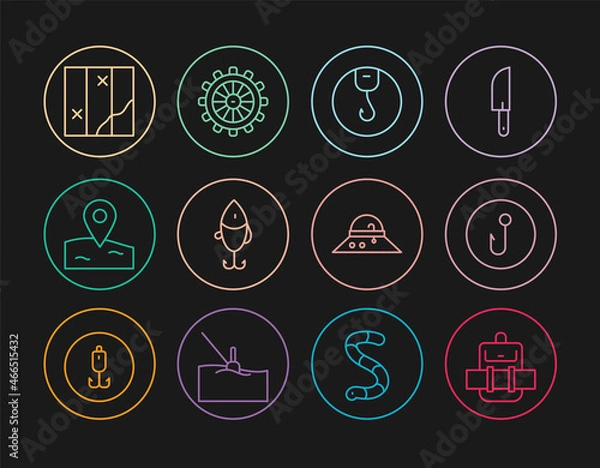 Obraz Set line Hiking backpack, Fishing hook, lure, Location fishing, Folded map, Fisherman hat and Ship steering wheel icon. Vector
