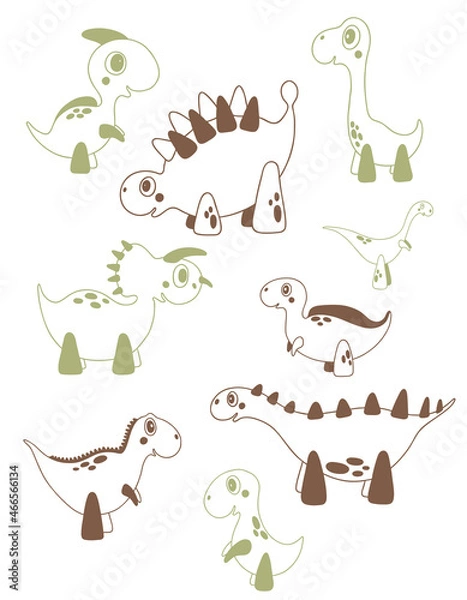 Fototapeta Vector Dino set. Collection of Isolated illustrations. Cute cartoon contour dinosaurs. Nice children characters for icon, stickers, kids decor, fabric, textile 