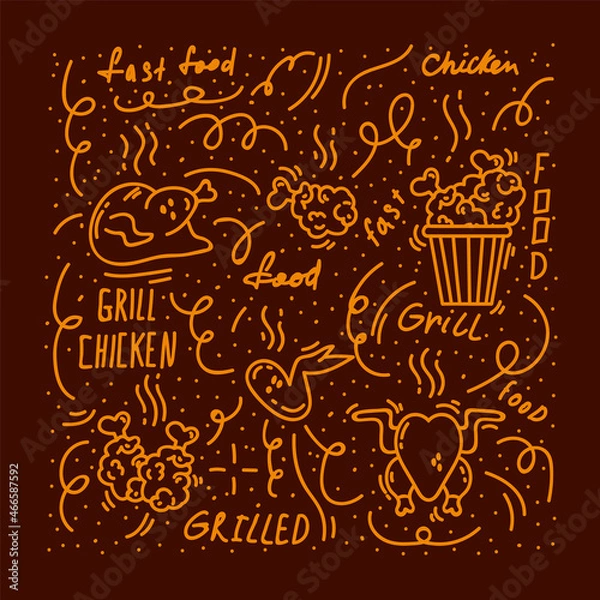 Fototapeta Chicken food pattern. Fried chicken, grilled, wings, breast, legs painted doodle. Homemade organic poultry meat line for background. Vector illustration