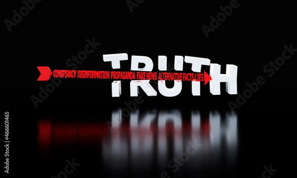 Obraz The word truth pierced with an arrow of conspiracy, fake news, disinformation, propaganda, alternative facts, lies, Truth being destroyed concept 3D illustration