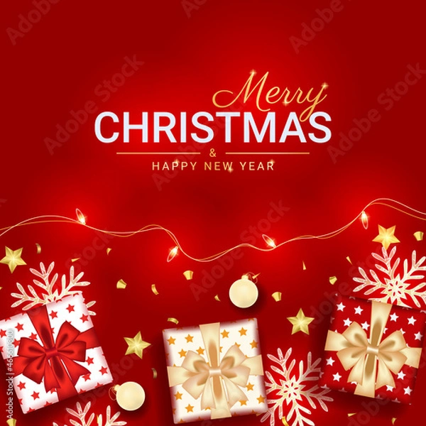 Fototapeta Merry christmas and happy new year greeting card with realistic red decoration