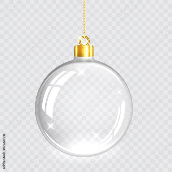 Fototapeta Christmas tree toy. Transparent glass Christmas ball hangs from a gold chain. Isolation on a checkered background