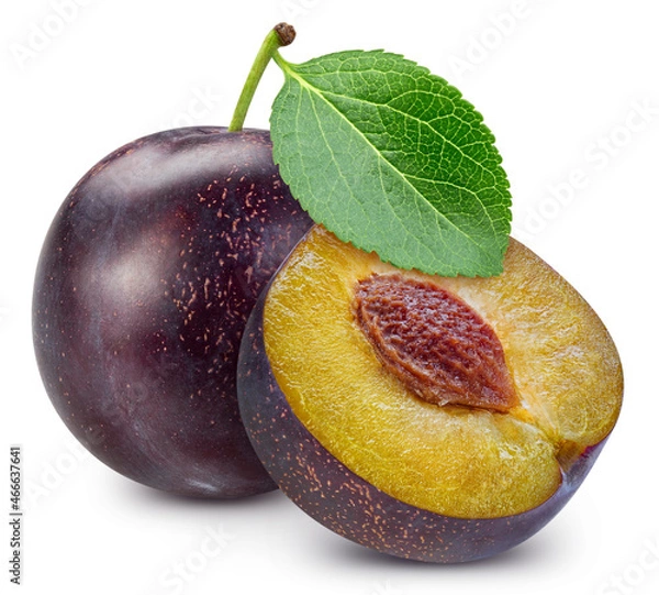 Fototapeta Plum and leaves, isolated on white background. Plum Full depth of field. Plum With clipping path