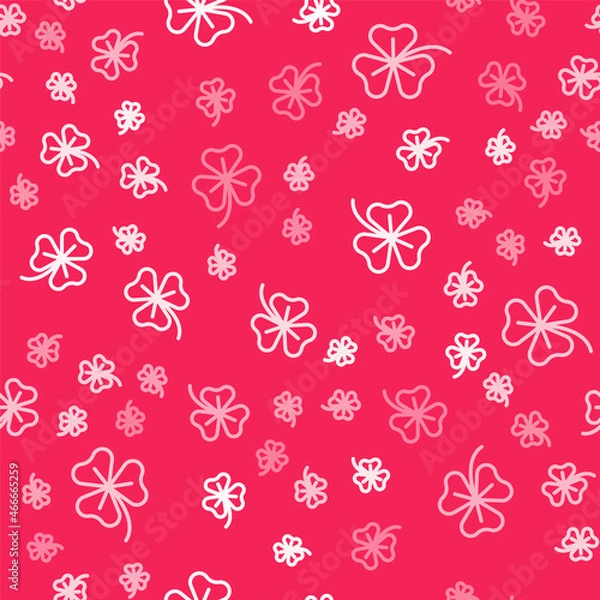 Fototapeta White line Clover trefoil leaf icon isolated seamless pattern on red background. Happy Saint Patricks day. National Irish holiday. Vector