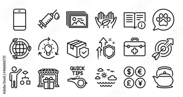Obraz Gift shop, Travel sea and Smartphone line icons set. Secure shield and Money currency exchange. Technical info, Pets care and Image gallery icons. Medical syringe, Eco energy and Teapot signs. Vector